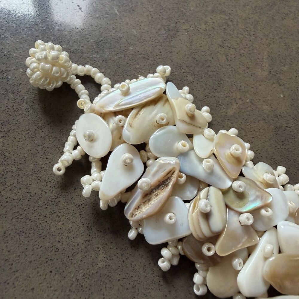 Vintage Woven Shell and Seed Bead Bracelet  in Ivory Size 7.25-8"